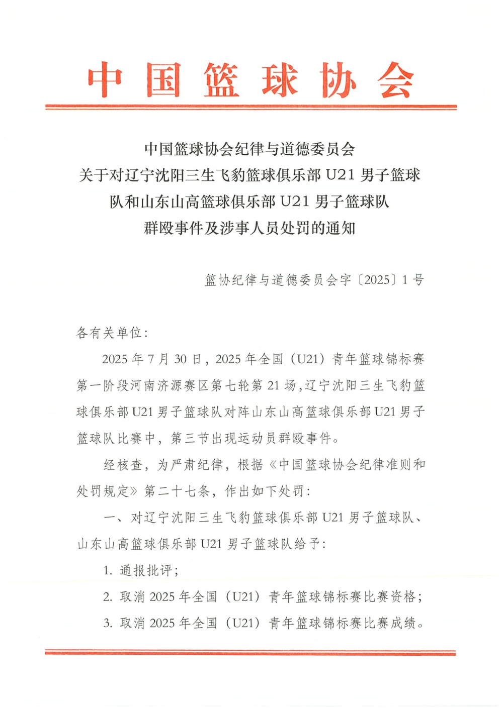 中国篮协通报U21群殴事件 对四名球员处罚停赛三年